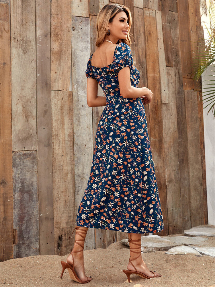 Floral Print Square Neck Tie Front Puff Sleeve High Split Midi Dress - View 3
