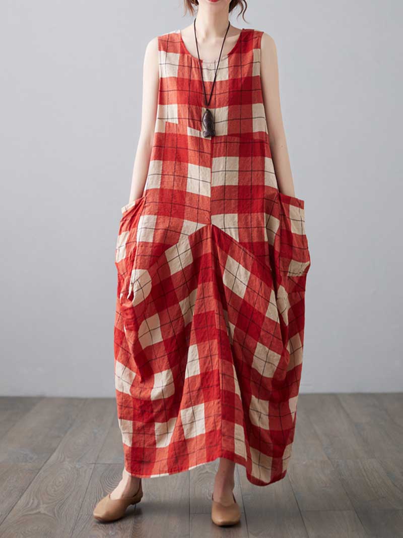 H-line Loose Retro Style Plaid Print Cotton Dress - Fashionpara