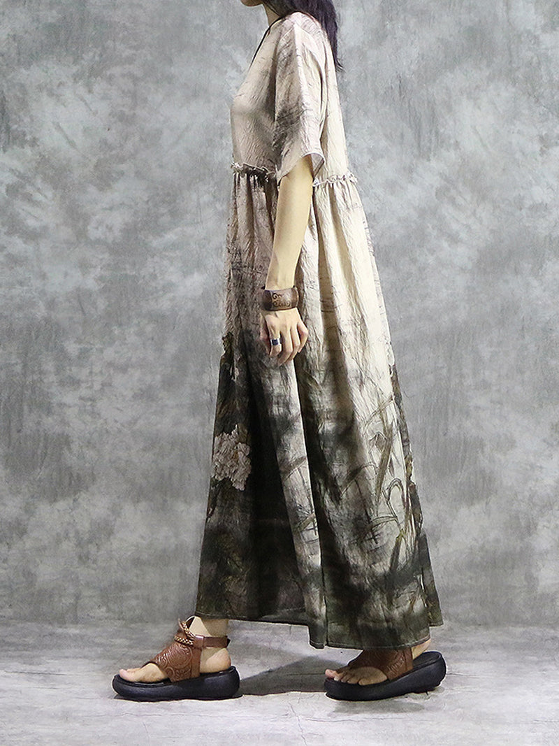 Ink Floral Round Neck Pleated Smock Maxi Dress 3