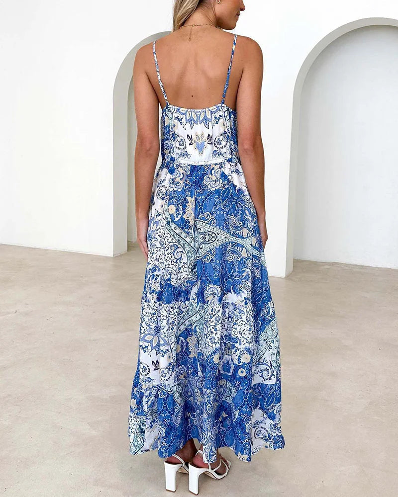 V-neck sexy printed suspender dress - Fashionpara