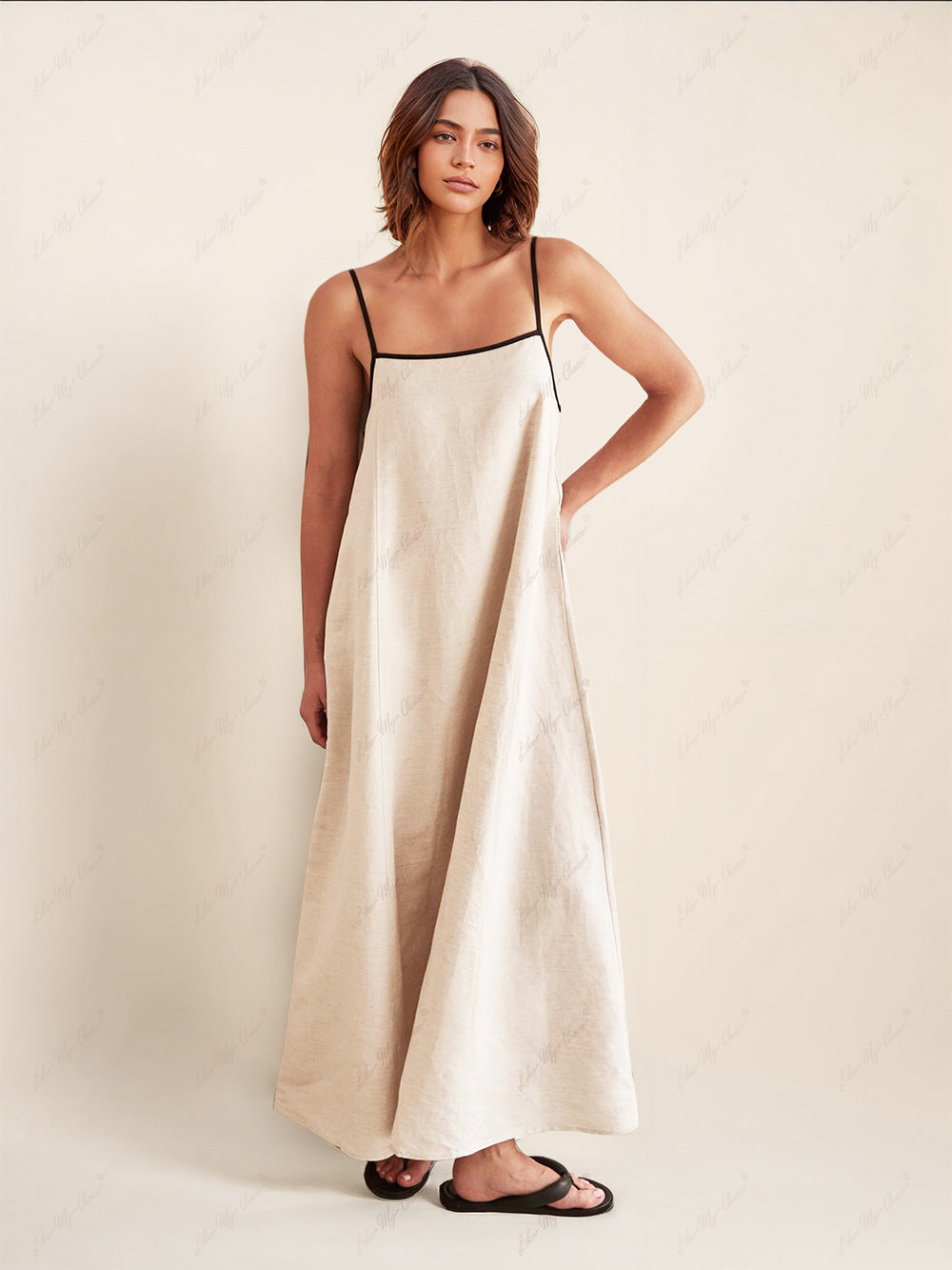 Linen Contrast Trim Strappy A-Line Maxi Dress