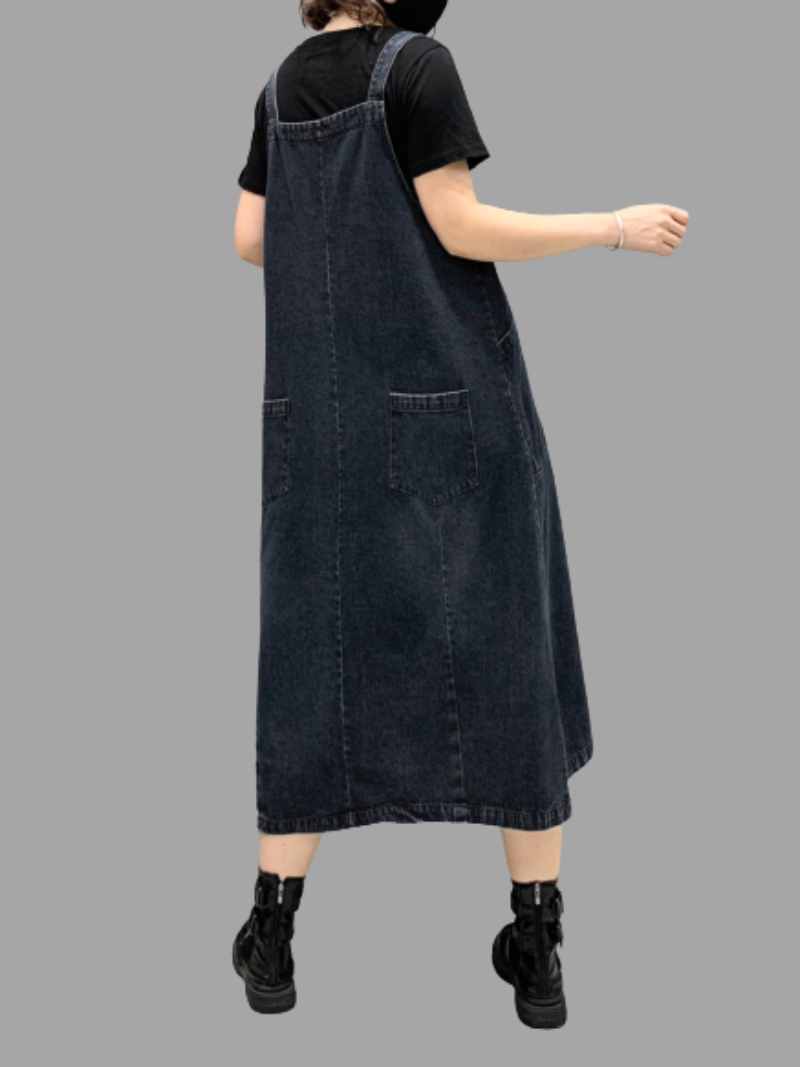 Denim Suspender Strap Pocket Balloon Midi Dress 2