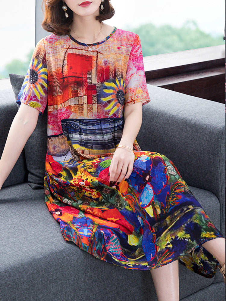 Abstract Floral Round Neck Short Sleeve A-Line Midi Dress 3