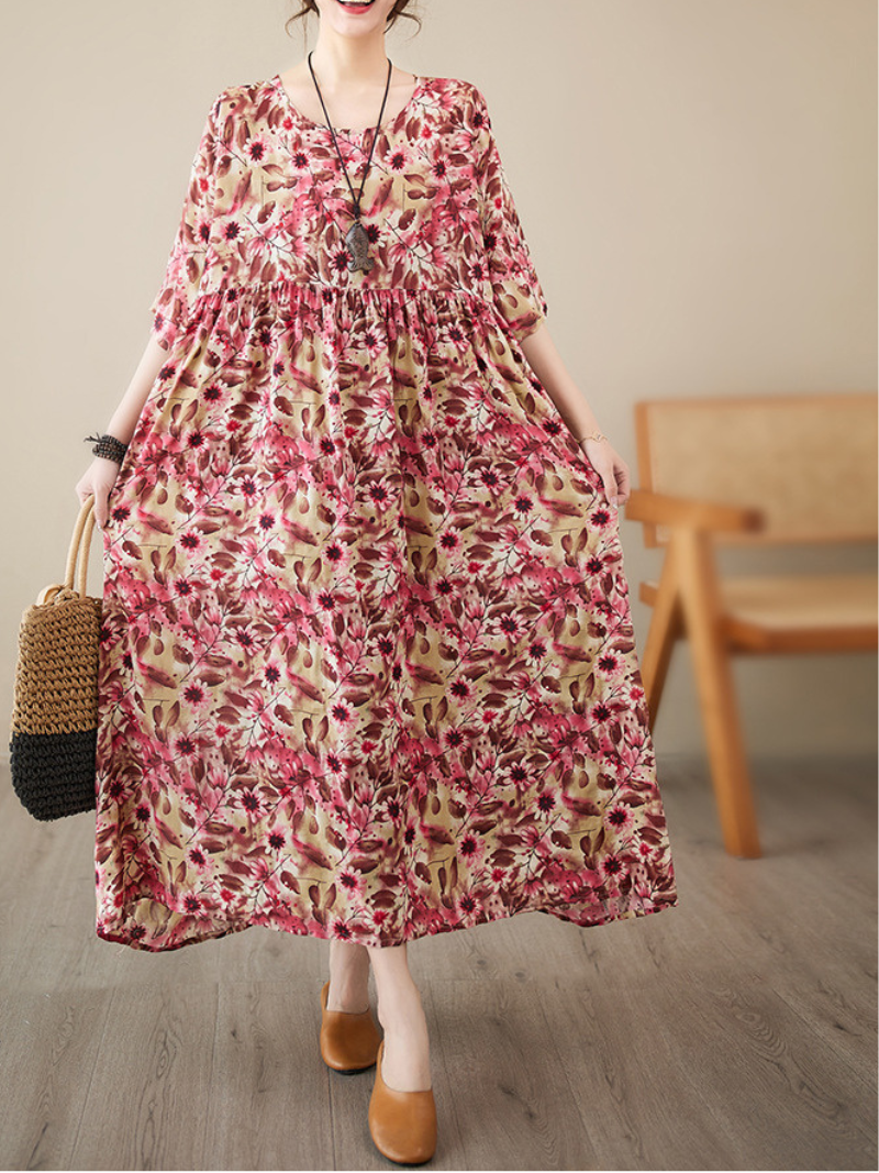 Sunflower Floral Round Neck Half Sleeve Smock Maxi Dress 4