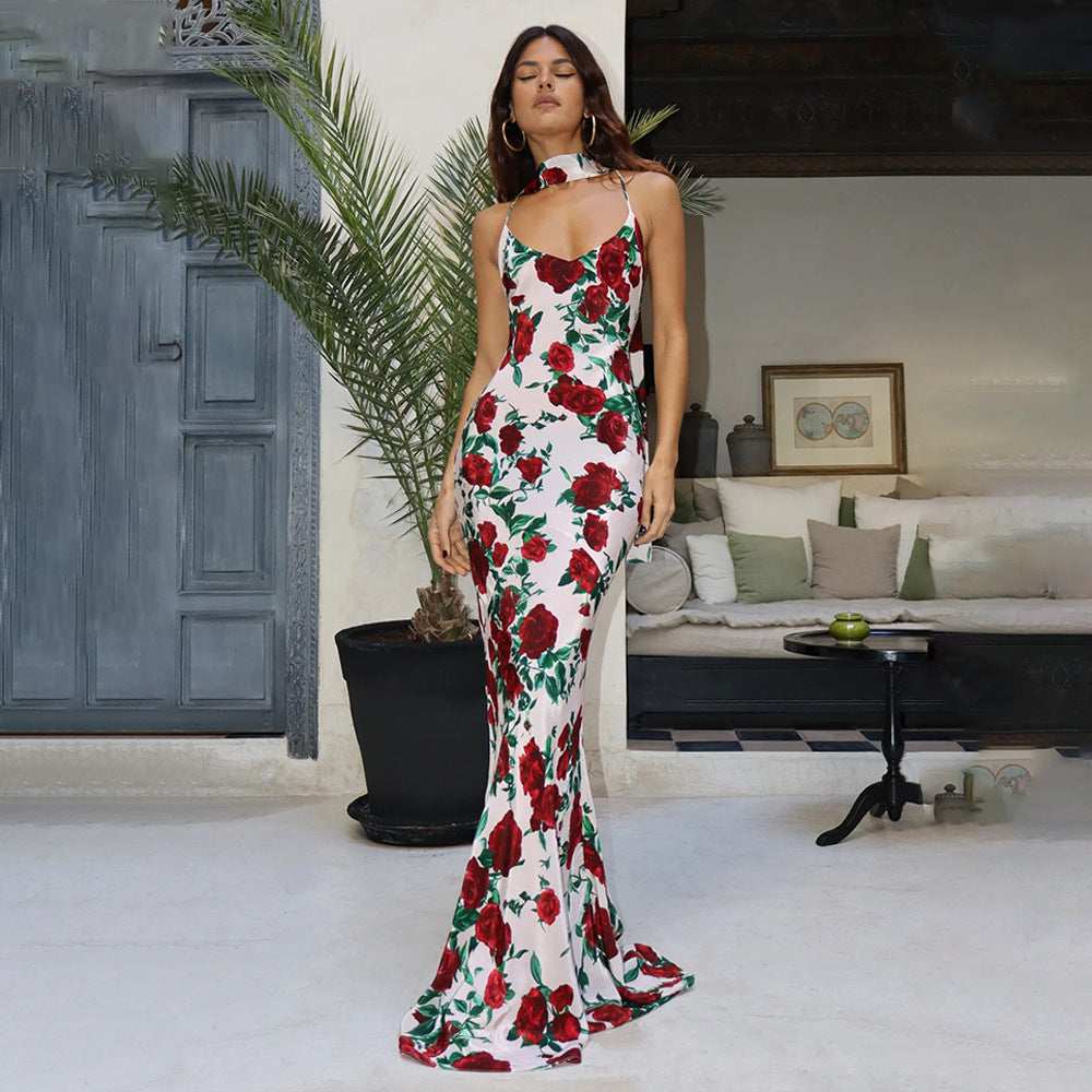 Floral Halter Cowl-Neck Backless Mermaid Maxi Dress 4