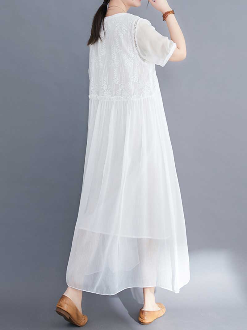 Embroidered Silk Round-Neck A-Line Dress - Fashionpara