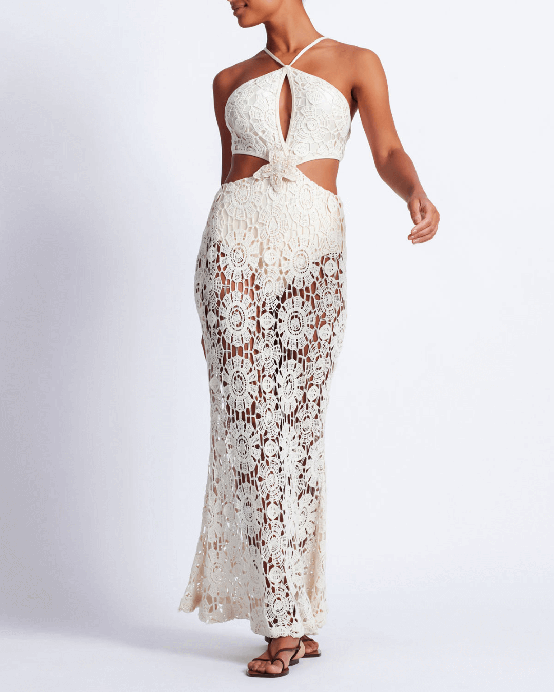 Embroidered Crochet Halterneck Dress - Fashionpara
