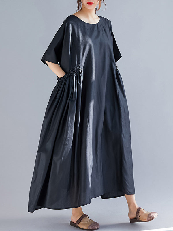 Cotton Round Neck Short Sleeve Ruched Pocket Cocoon Maxi Dress 4