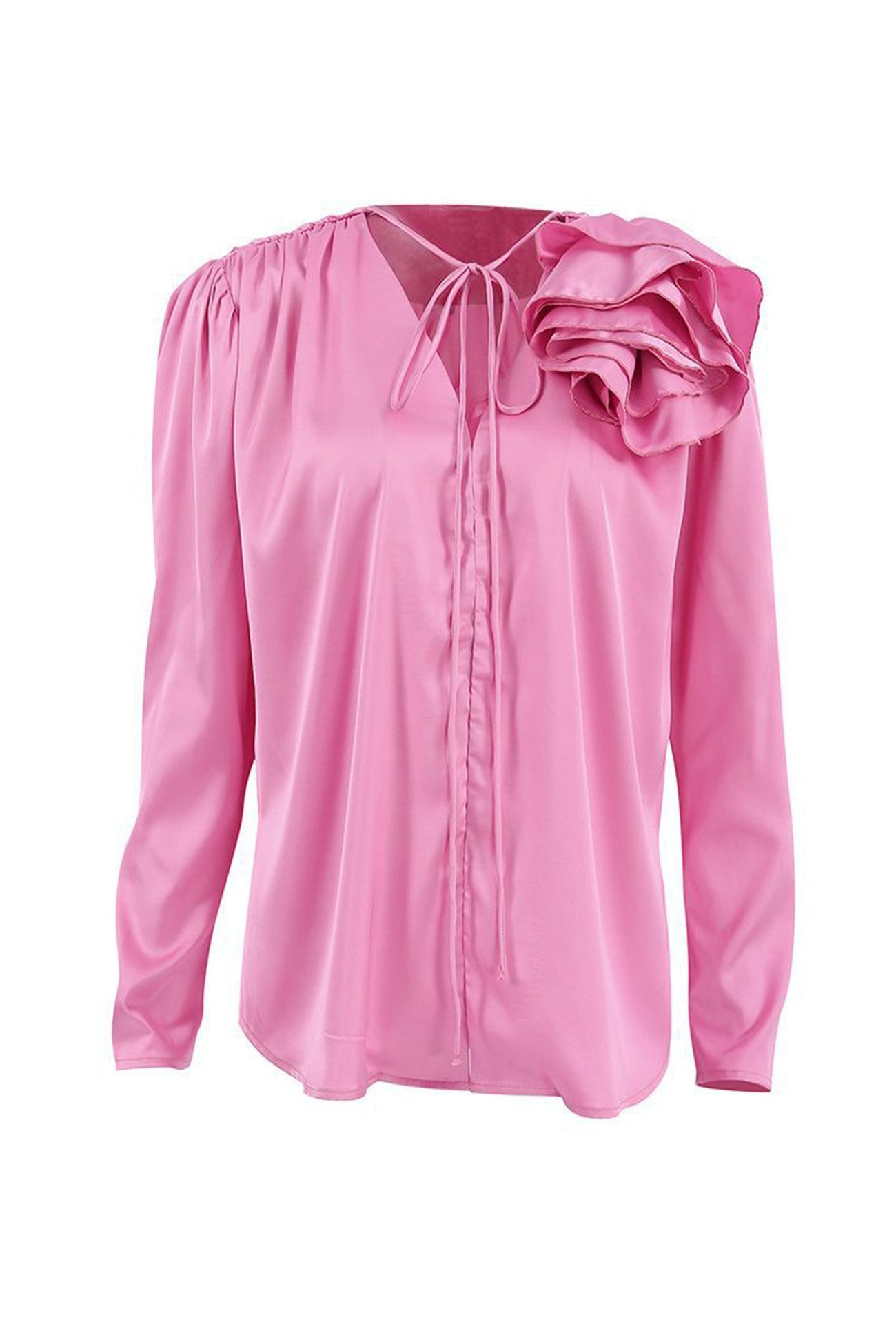 Pink V Neck Ruched Floral Lace-Up Blouse - Fashionpara