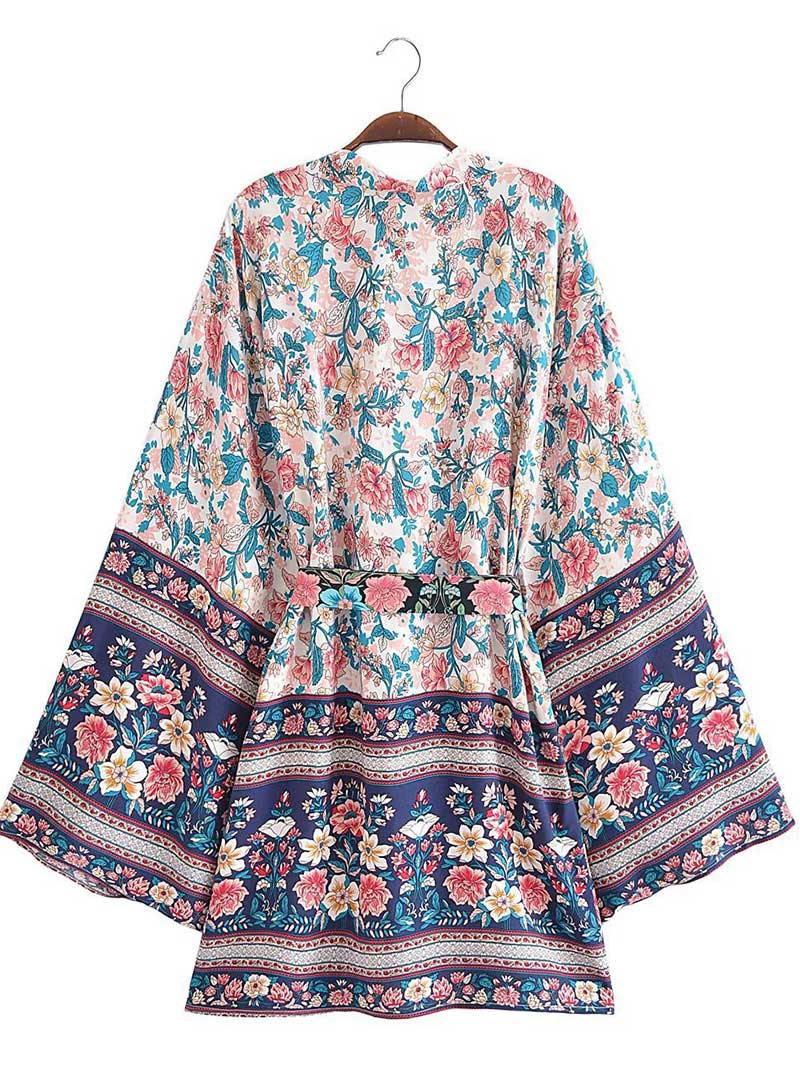 Short Kimono With Floral Print Blue, Pink, & White Color Gown Kimono Robe - Fashionpara