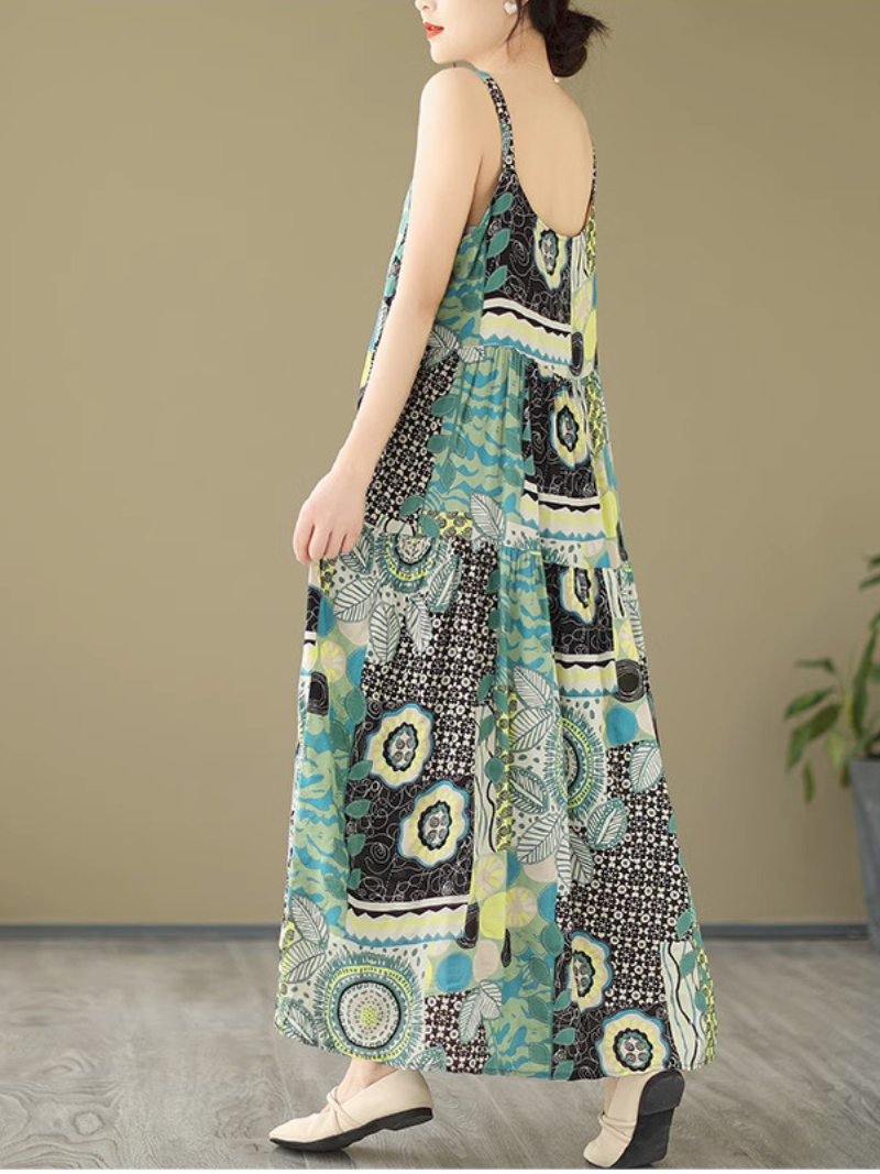 Abstract Print Strappy Sleeveless Tiered A-Line Maxi Dress 4