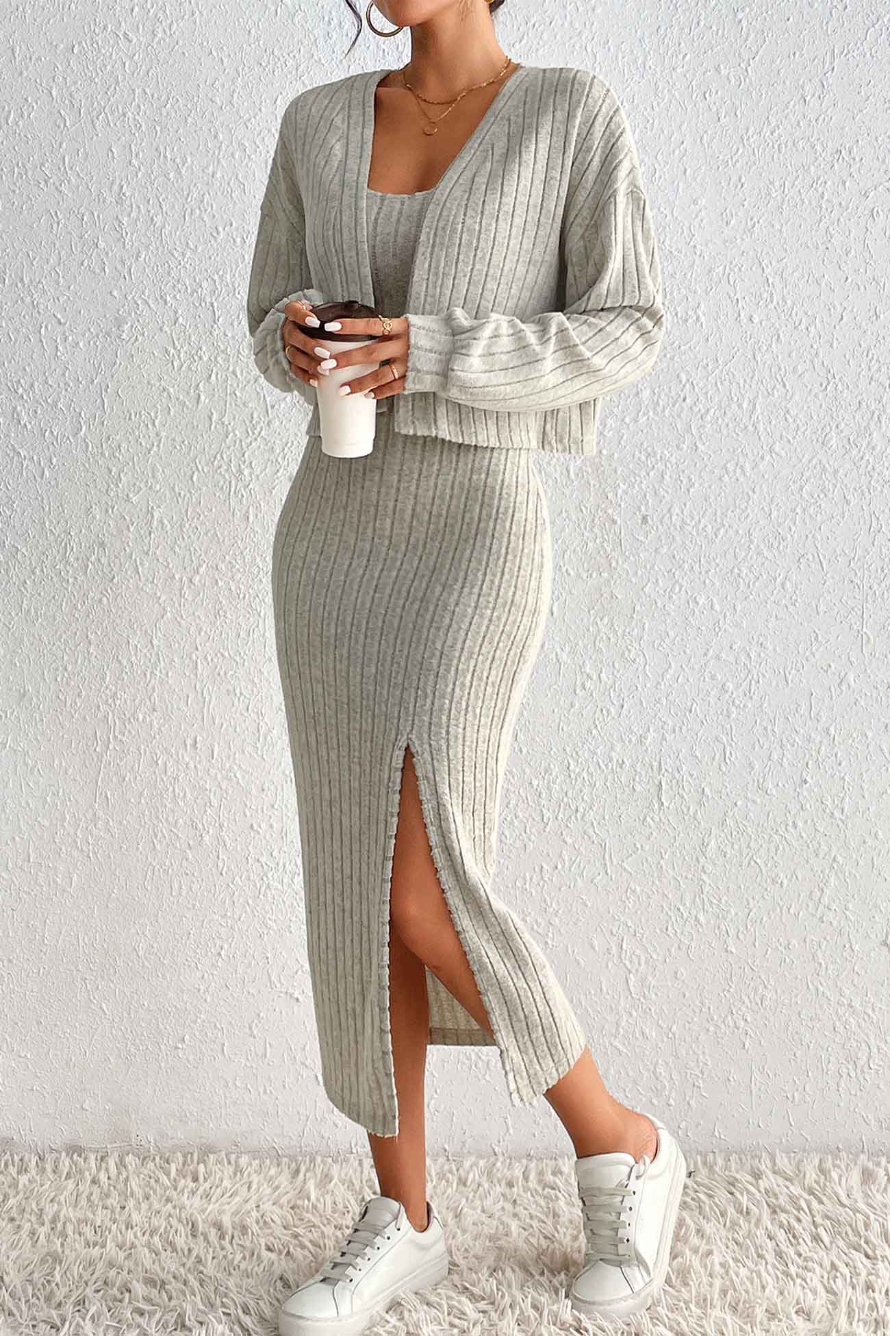 AROLORA Long Sleeve Knitted Cami Dress Cardigan Set