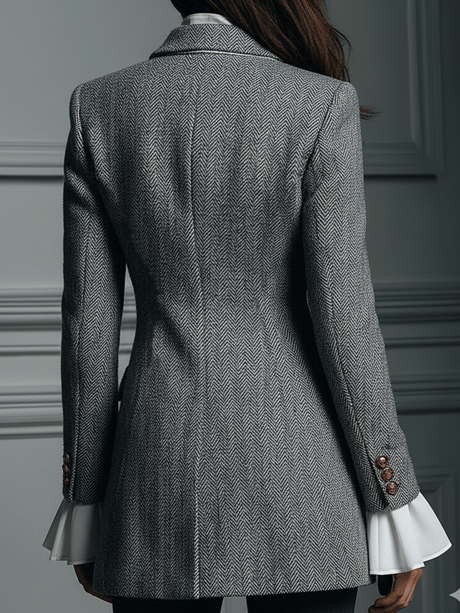 Classic Grey Houndstooth Wool Long Coat