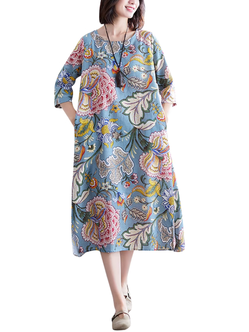 Floral Print Round Neck Half Sleeve A-Line Midi Dress 5