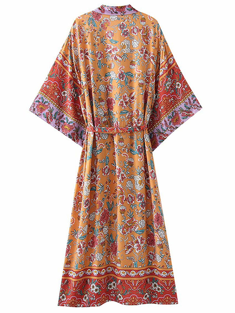 Plant Flowers Print Orange Color Cotton Long Length Gown Kimono Duster Robe - Fashionpara