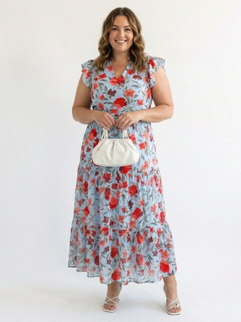 Floral Ruffle Sleeve Split Neck Tiered Maxi Dress 6