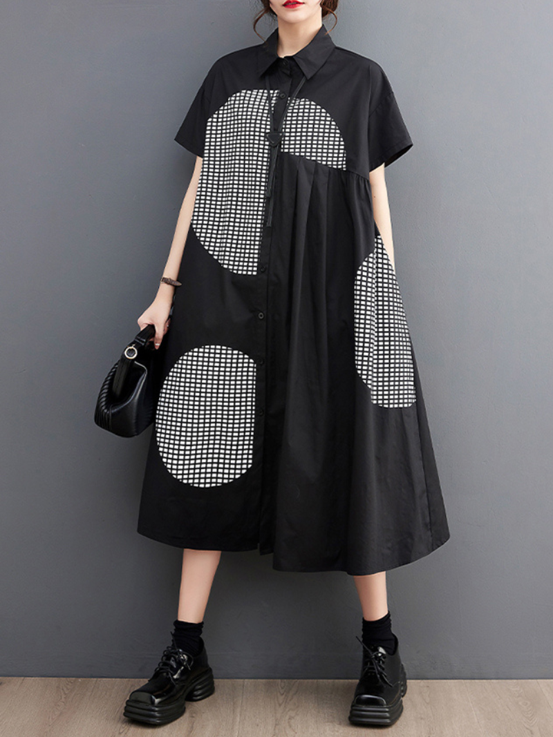 Checked Dot Collared Short Sleeve A-Line Midi Dress 4