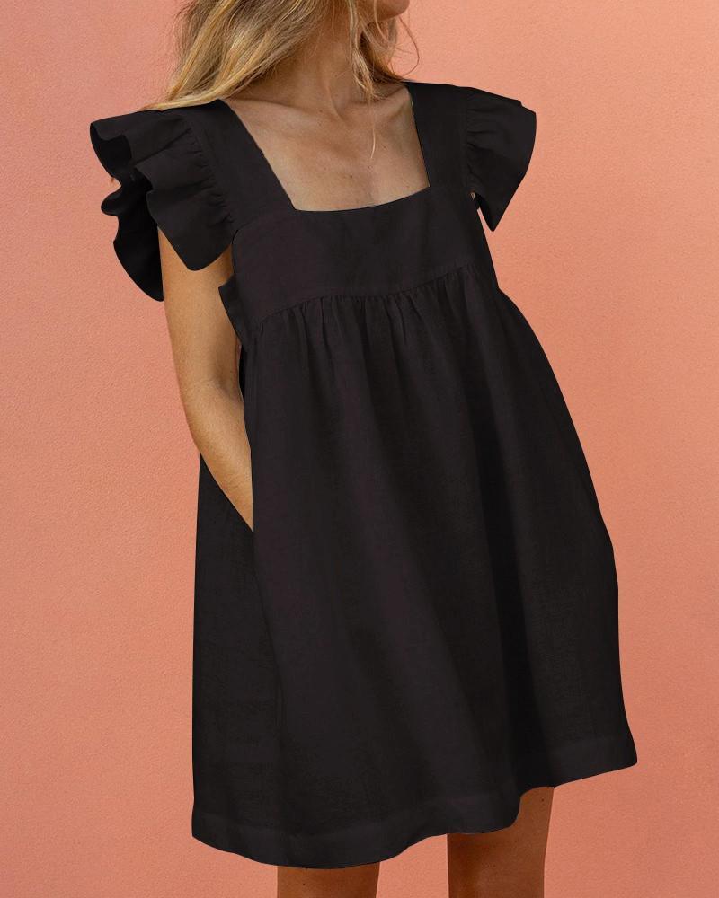 SWEET SQUARE NECK RUFFLE SLEEVE MINI DRESS - Fashionpara