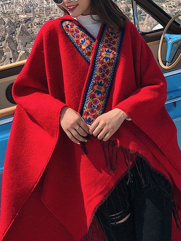 Splicing Red Shawl Cardigan with Hooded 3