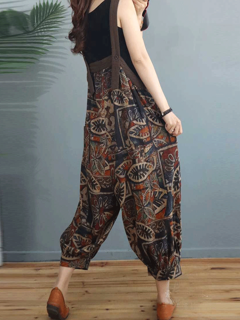Lo Siento Ethnic Print Cotton & Linen Overall Dungaree - Fashionpara