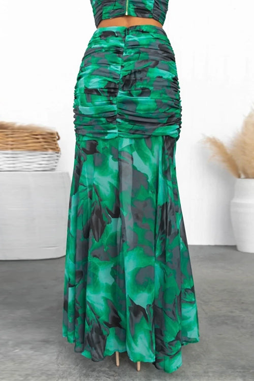 Ruched Crop Cami Top High Slit Maxi Skirt Printed Set - Fashionpara