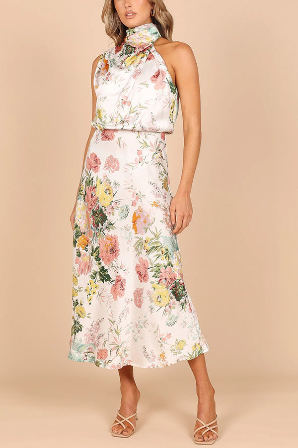 Floral Halter Neck Elastic Waist Maxi Dress - Fashionpara