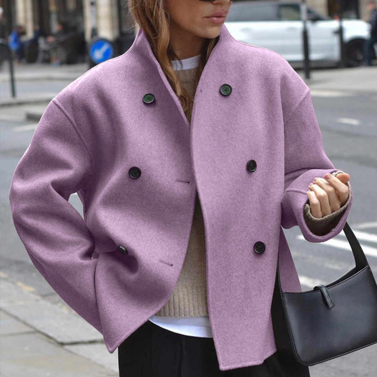 Stand Collar Double Breasted Long Sleeve Cropped Coat