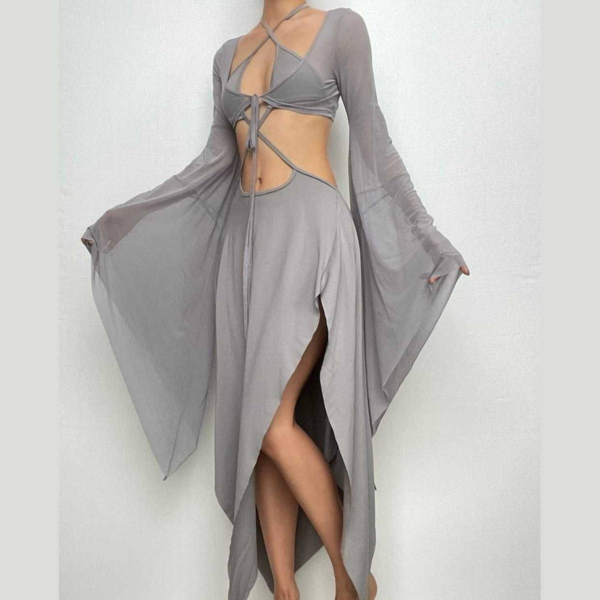 Mesh Halter Neck Flared Sleeve Cut Out High Split Midi Dress - View 2