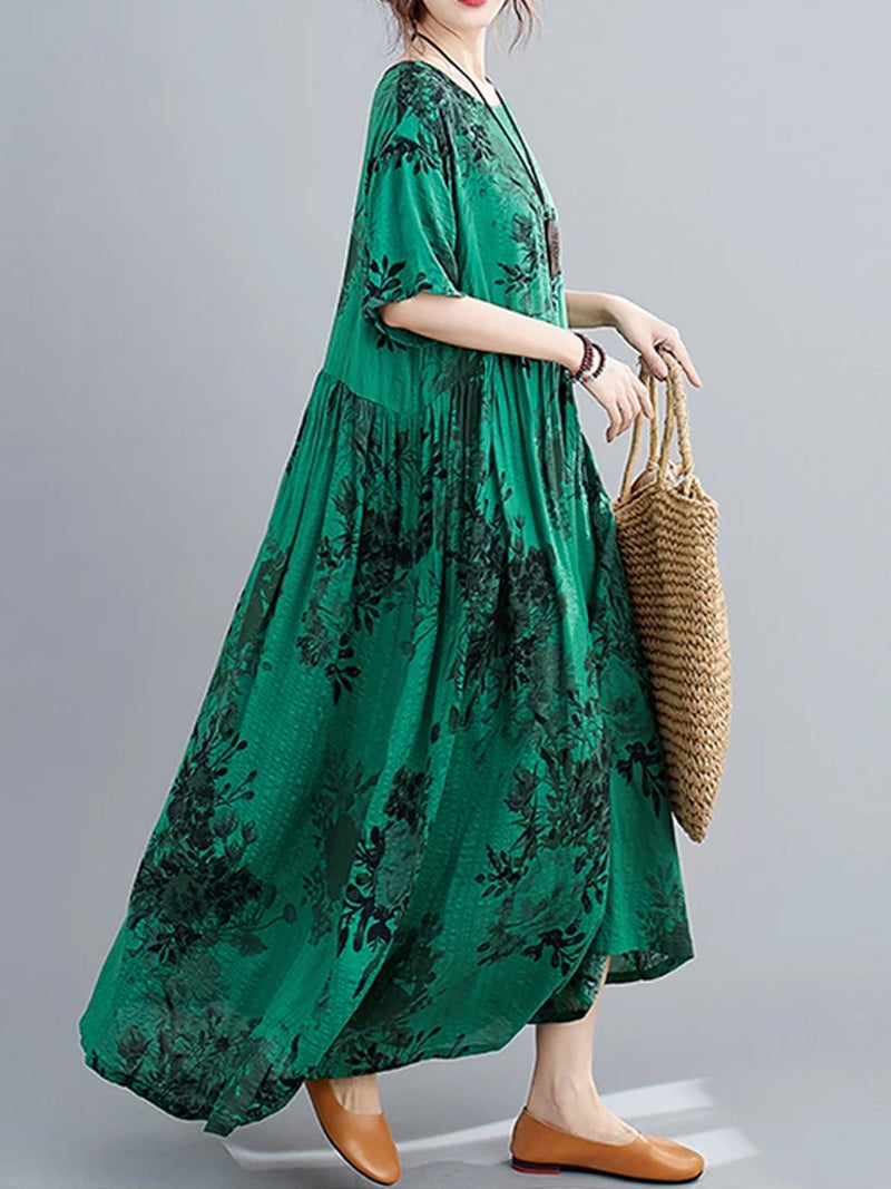 Floral Print Round Neck Short Sleeve Smock Maxi Dress 5