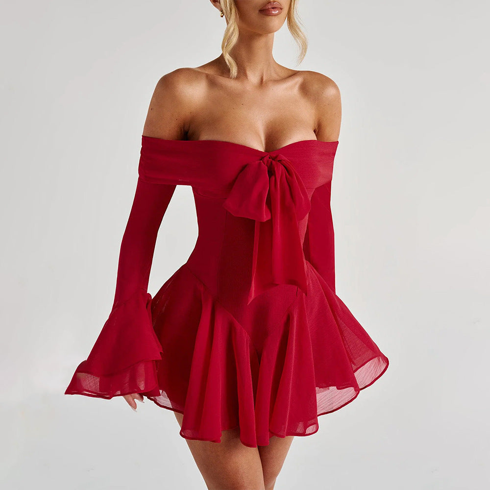 Off-Shoulder Bell-Sleeve Bow-Front Flared Mini Dress 5