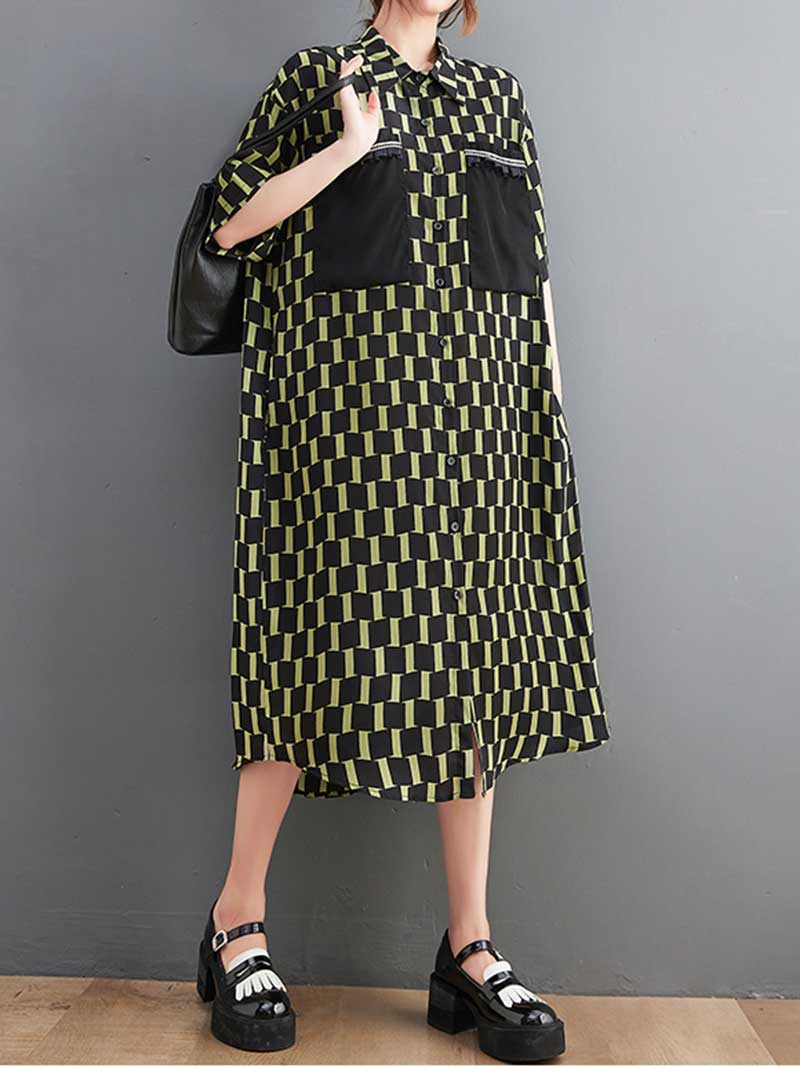 Plaid Print Cotton Front Pockets Shirt Dress 4