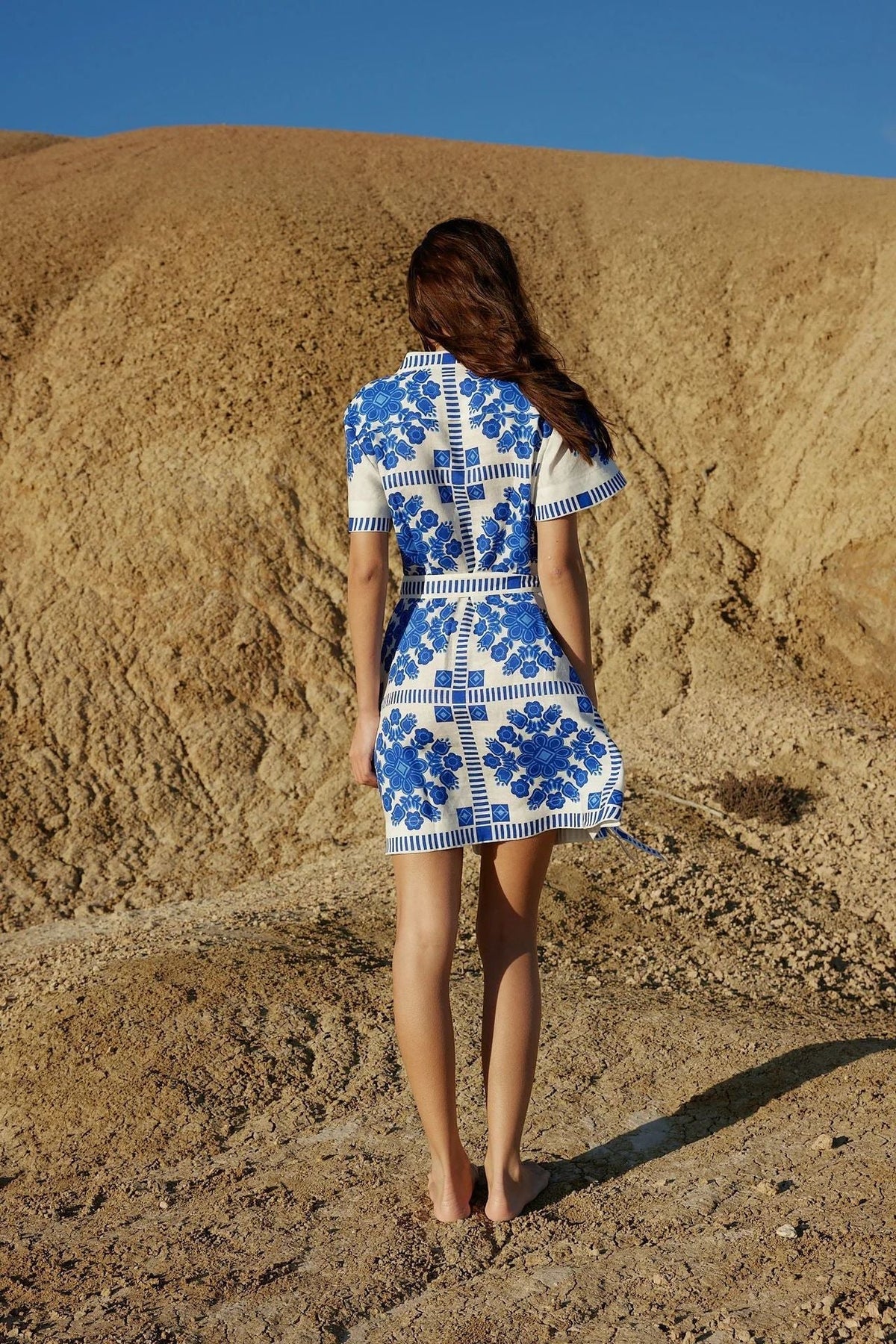 Floral Tile Print Short-Sleeve Belted Shirt Mini Dress 5