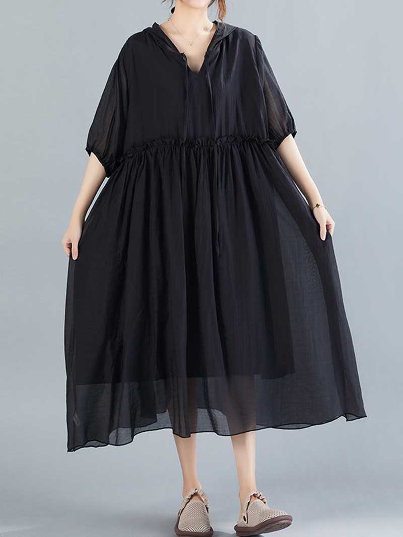 Plain Cotton Short Sleeves Hooded Style A-Line Dress 3