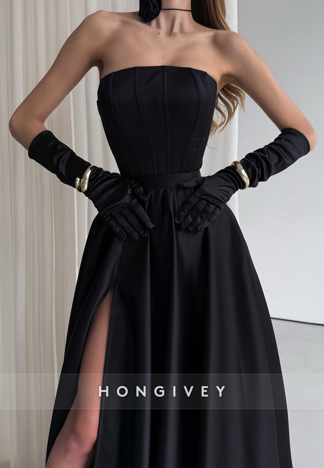 Floor-Length High Slit A-line Off the Shoulder Satin Pleated Evening Gown