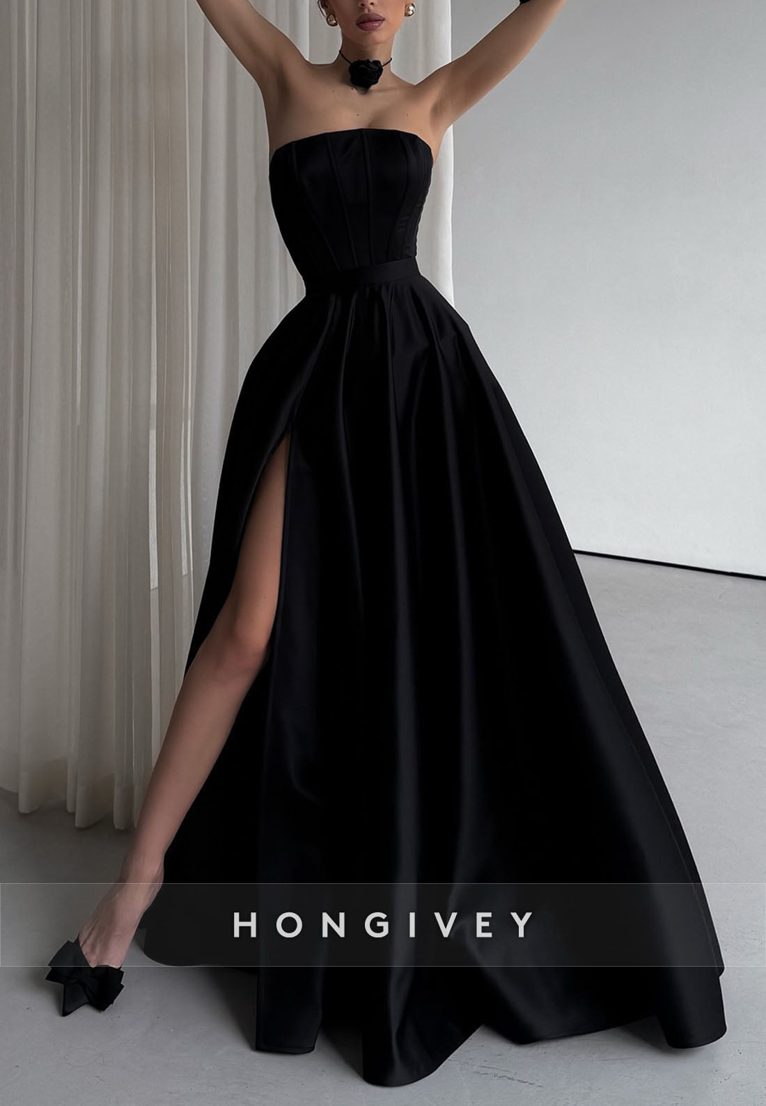Floor-Length High Slit A-line Off the Shoulder Satin Pleated Evening Gown