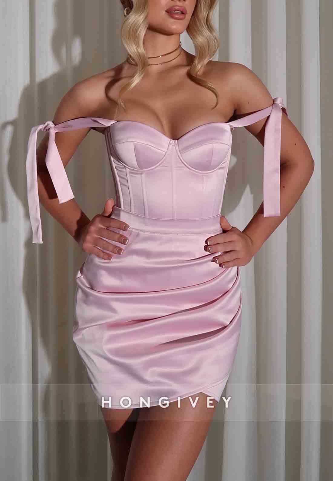 Sheath Mini Off the Shoulder Bowknot Pink Pleated Crisscross Back Mini Homecoming Dresses