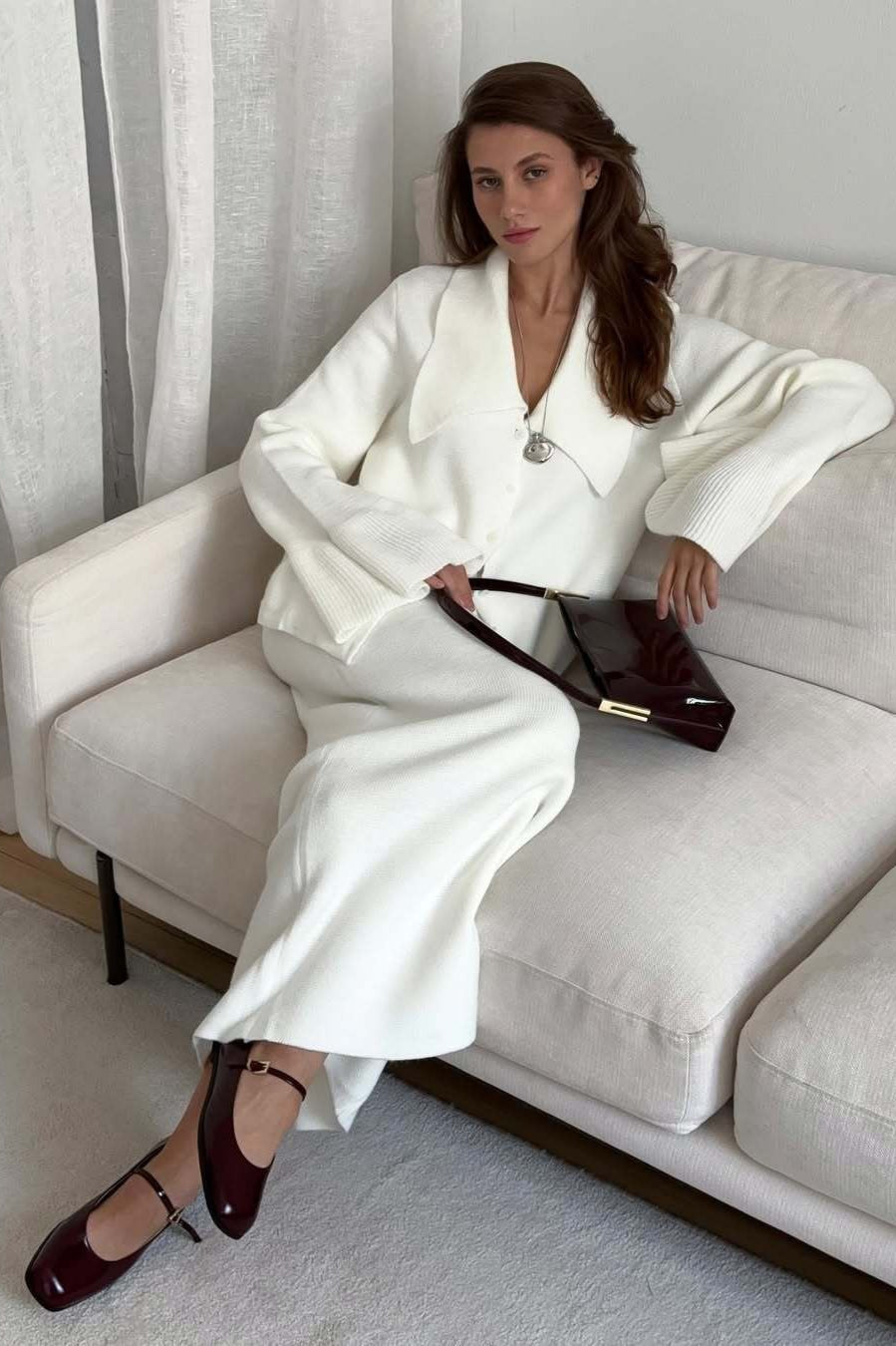 Elegant Pink Bell-Sleeve Cardigan and Straight Skirt Set