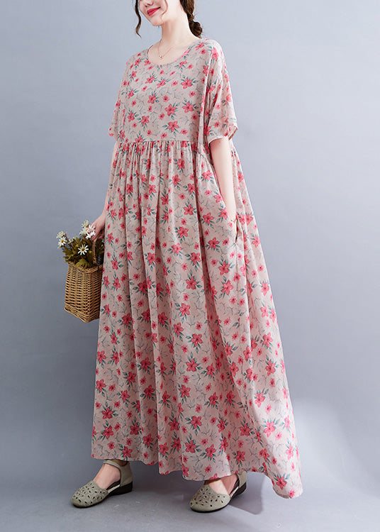 Floral Print Round Neck Short Puff Sleeve Empire Waist Maxi Dress - View 5