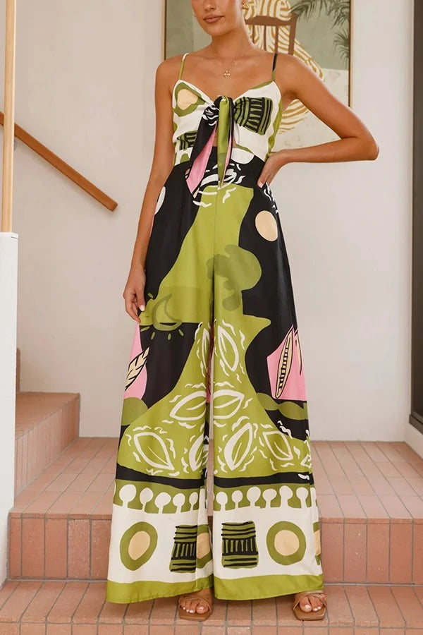 Unique Print Back Pleated Suspender Wide-leg Jumpsuit - Fashionpara