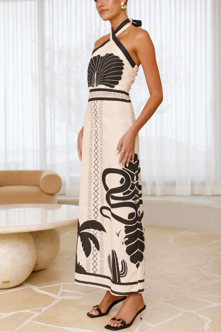 Shell Print Holiday Style Halter Neck Maxi Dress - Fashionpara
