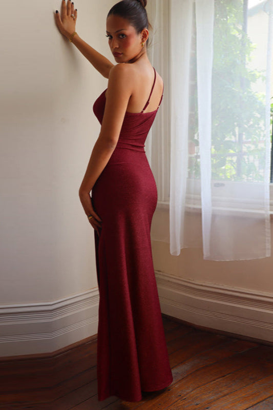 One Shoulder Cutout Thigh-Slit Bodycon Maxi Dress 15