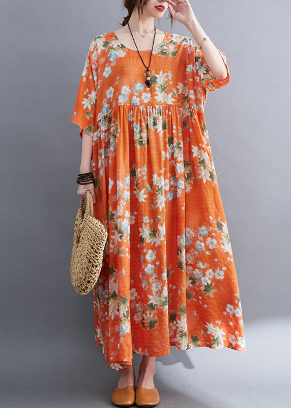 Floral Print Round Neck Elbow Sleeve Empire Waist Maxi Dress