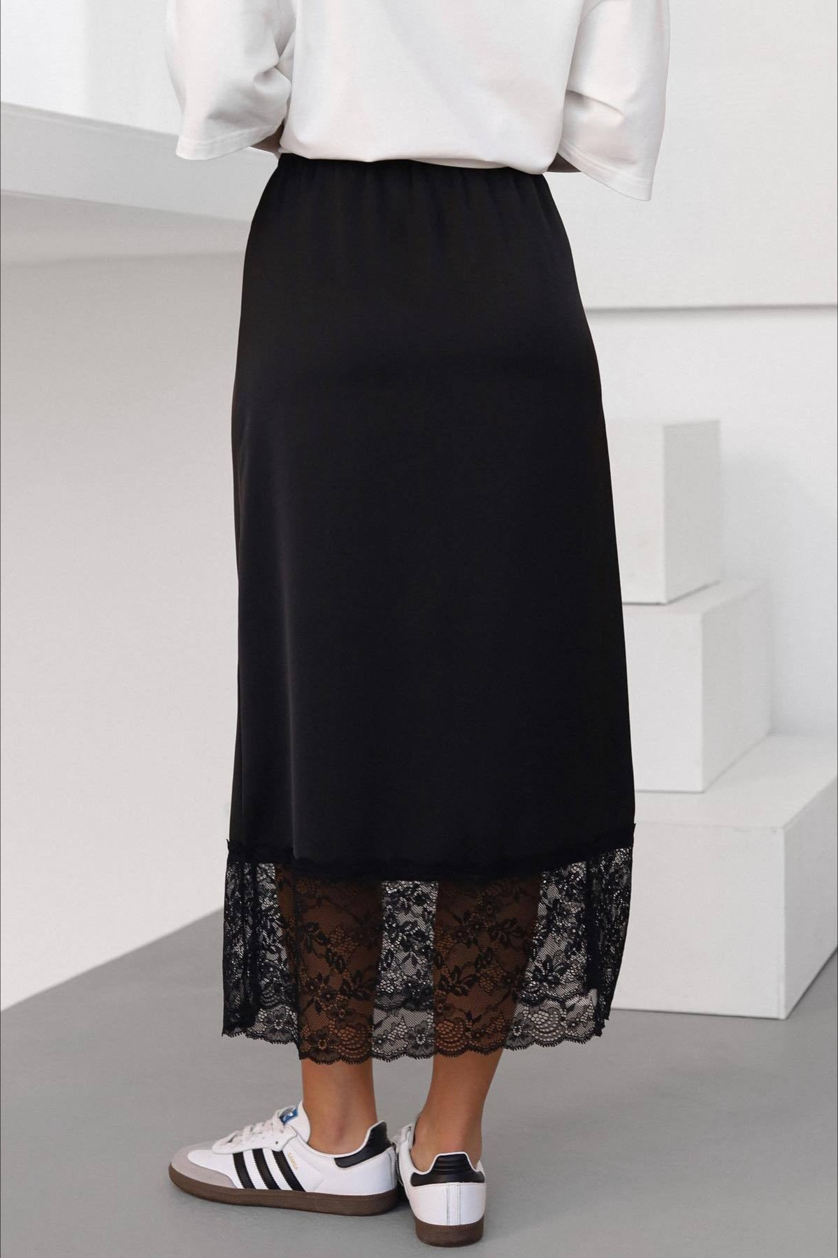 Lace-Hem Satin Midi Skirt