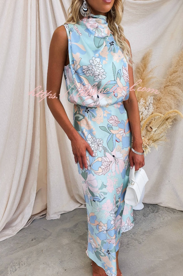 Love In The Garden Floral Halter Neck Elastic Waist Maxi Dress - Fashionpara
