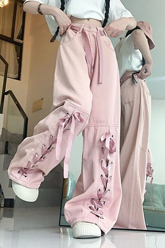 Pink Bow Tie Wide Leg Cargo Jeans