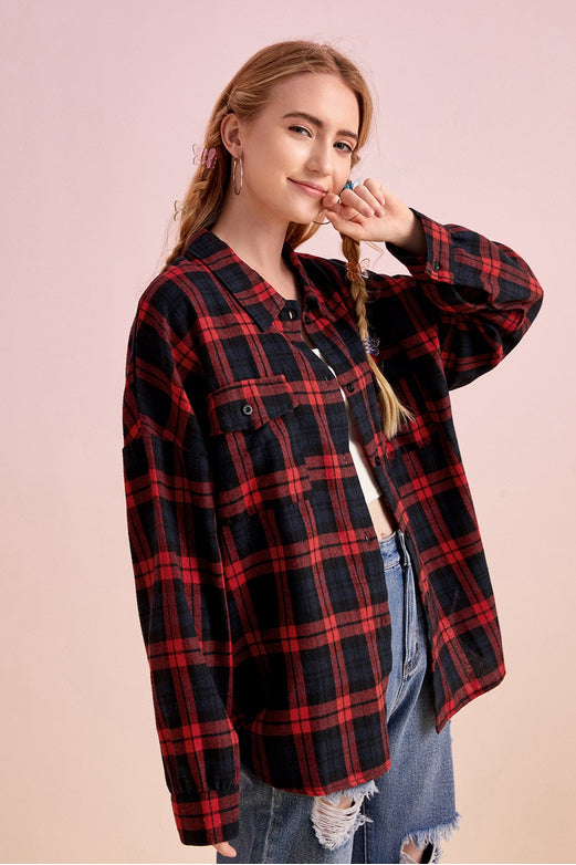 Plaid Stand Collar Button Shirt Blouse - Fashionpara