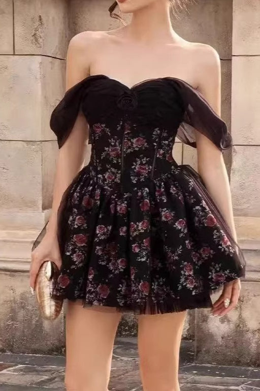Off Shoulder Bubble Sleeve Floral Mini Dress