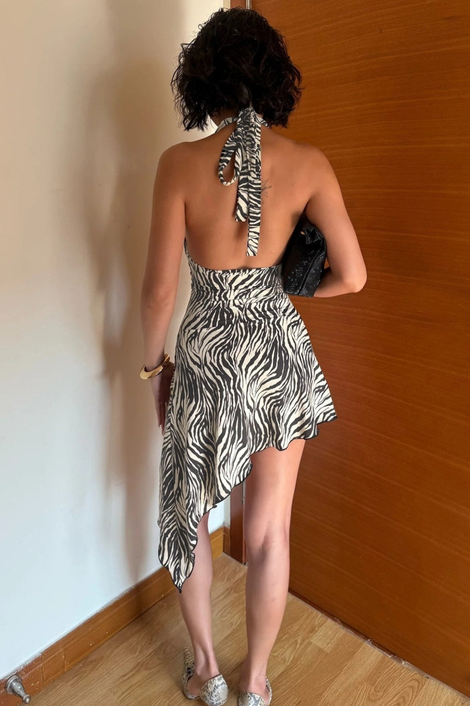 Zebra Print Halter Neck Backless High Low Mini Dress 4