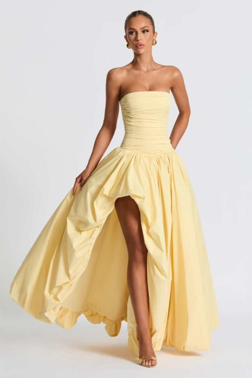 Strapless Ruched Drop Waist Bubble Hem Gown