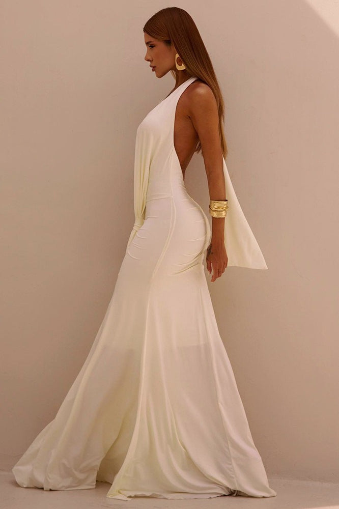 Deep V-Neck Halter Draped Knot Mermaid Maxi Gown